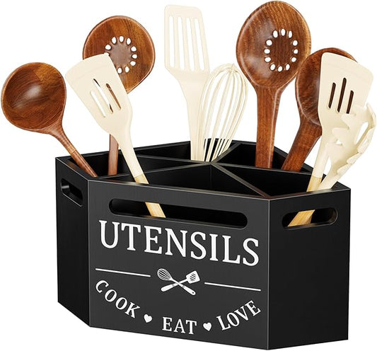 Kitchen Utensils Holder with 5 Compartments, Corner Utensil Caddy for Countertop, Black Large Wooden Utensil Organizer for Kitchen Countertop for Silverware Spoon Spatula by GIGIFTREE