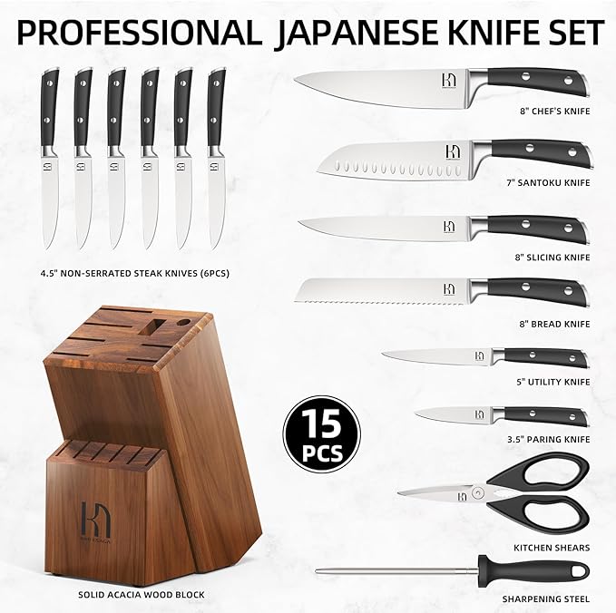 KnifeSaga Knife Set, 15 Pcs Kitchen Knife Block Sets with Sharpener, Japanese High Carbon Stainless Steel Set of Knives, Premium Razor Sharp Black Knives Set with Block for Kitchen, Ergonomic Handle - Image 7