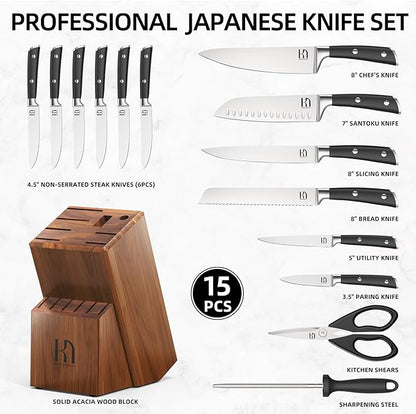 KnifeSaga Knife Set, 15 Pcs Kitchen Knife Block Sets with Sharpener, Japanese High Carbon Stainless Steel Set of Knives, Premium Razor Sharp Black Knives Set with Block for Kitchen, Ergonomic Handle - Image 7