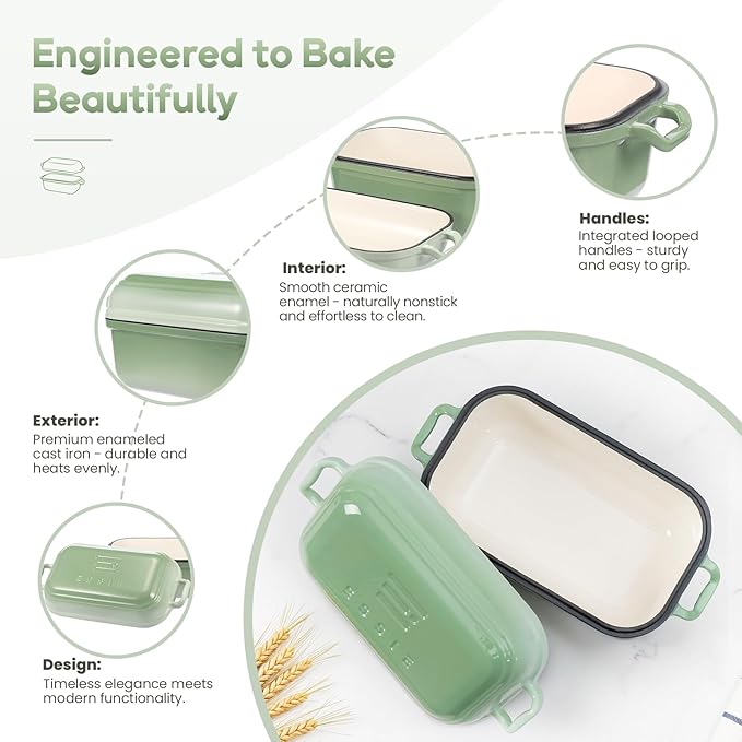 Enameled Cast Iron Dutch Oven Pot with Lid, Dutch Oven for Sourdough Bread Baking, 10×6 Bread Loaf Pans with Lid for Homemade Bread, Cake, Meatloaf, Oven & Induction Safe (Green, 3.84 QT) - Image 3