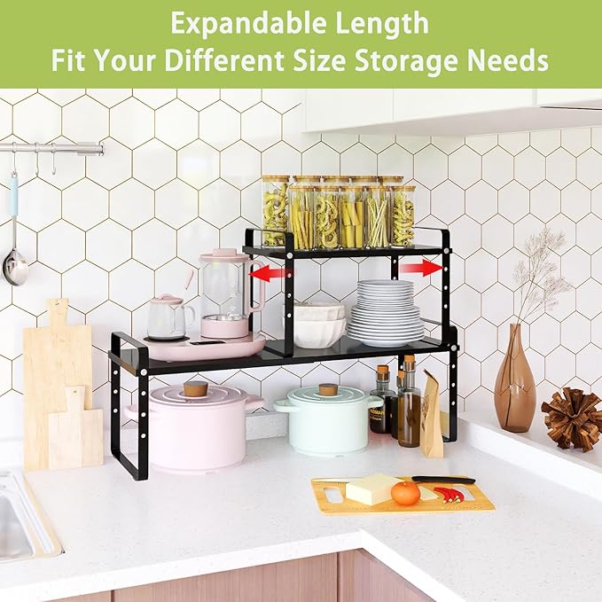 Across-Star Expandable Cabinet Shelf Organizer Rack, Stackable Kitchen Counter Storage Shelves Stand, Adjustable Height Pantry Shelf Spice Rack (Black, 1 Pack) - Image 5