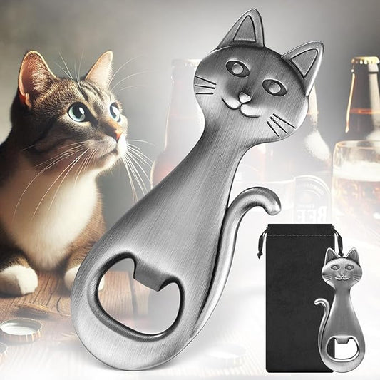 Cat Beer Bottle Opener, Cat Gifts for Cat Lovers, Kitty Beer Opener, Birthday Gifts, Christmas Gifts for Women Men, Silver with Bag