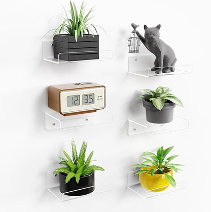 upsimples 6 Pack 6x4 Inches Acrylic Small Shelves, Floating Shelves for Wall, Display Shelf Organizer for Plants, Speaker, Radio, Toys, Clear by upsimples