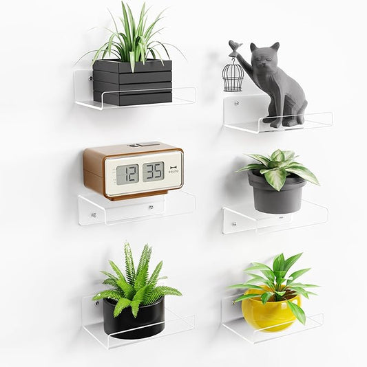 upsimples 6 Pack 6x4 Inches Acrylic Small Shelves, Floating Shelves for Wall, Display Shelf Organizer for Plants, Speaker, Radio, Toys, Clear by upsimples