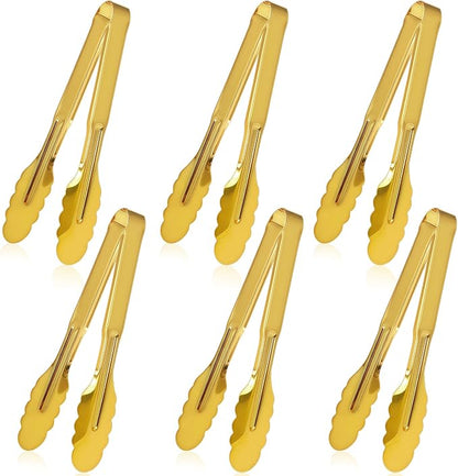 6 Pack Stainless Steel Serving Tongs, 9 Inch Gold Salad Tongs Serving Utensils Buffet Tongs Gold Plated Heavy Duty Reusable Metal Kitchen Clips for Salad, Snack, Barbecue, Catering, Wedding, Party by JCREN