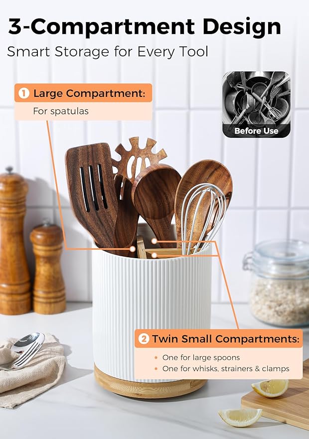 LoeJan 7.5" Utensil Holder, 3 Compartment Ceramic Kitchen Utensil Holder with Cork Bottom, Large Utensil Crock for Countertop, Cooking Tool Organizer Set for Kitchen Counter(White,Vertical Stripe) - Image 3