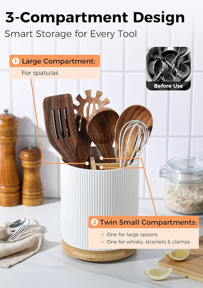 LoeJan 7.5" Utensil Holder, 3 Compartment Ceramic Kitchen Utensil Holder with Cork Bottom, Large Utensil Crock for Countertop, Cooking Tool Organizer Set for Kitchen Counter(White,Vertical Stripe) - Image 3