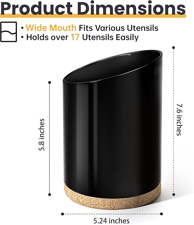 KITEISCAT Large Ceramic Utensil Holder for Kitchen Counter, Modern Crock with Slanted Top & Cork Mat, for Spatulas & Cooking Spoons, Black