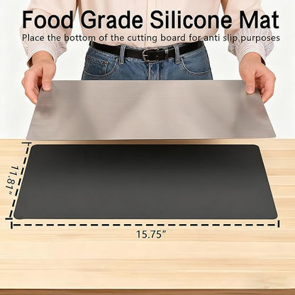 Large Stainless Steel Cutting Boards for Kitchen, Chopping Boards with Grey Non-slip Mat, Cutting Board with Counter Lip for Meat, Fruits, Vegetables, Bread,Dough(15.75" × 11.81")