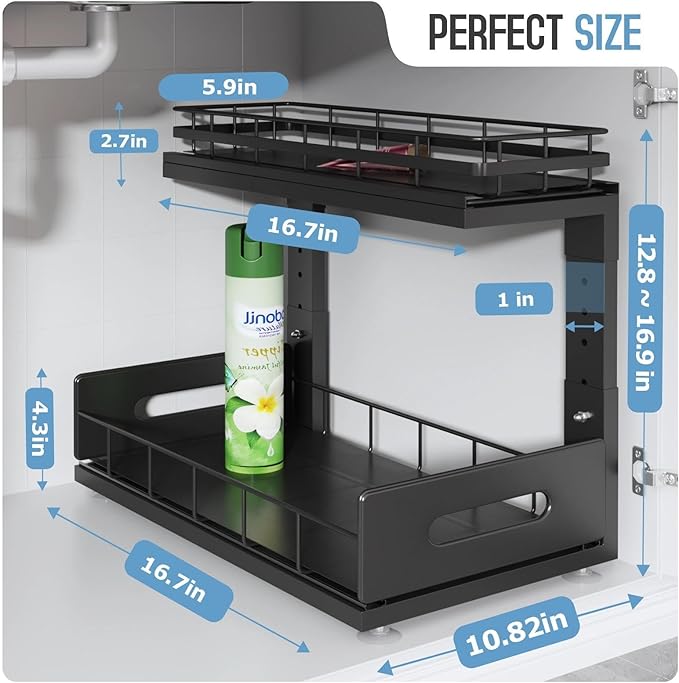 Under Sink Organizer Upgrade To Professional Rails,2-Tier Dual Pull Out Cabinet Storage,Height Adjustable Slide Out Drawers For Bathroom Kitchen,2 Pack-16.7"Dx12.8"-16.9"H,Black - Image 2