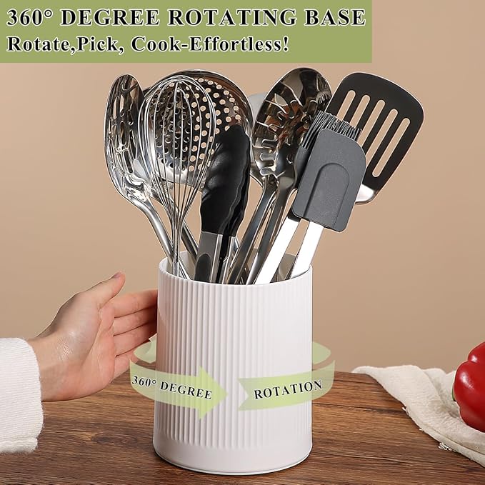 HOMQUEN 360° Rotating Utensil Holder, 6.3''+4.7'' Plastic Kitchen Utensil Holder for Countertop, Large Cooking Utensil Crocks for Kitchen Decor, Utensil Organizer for Spatula, Set of 2 (White) - Image 3