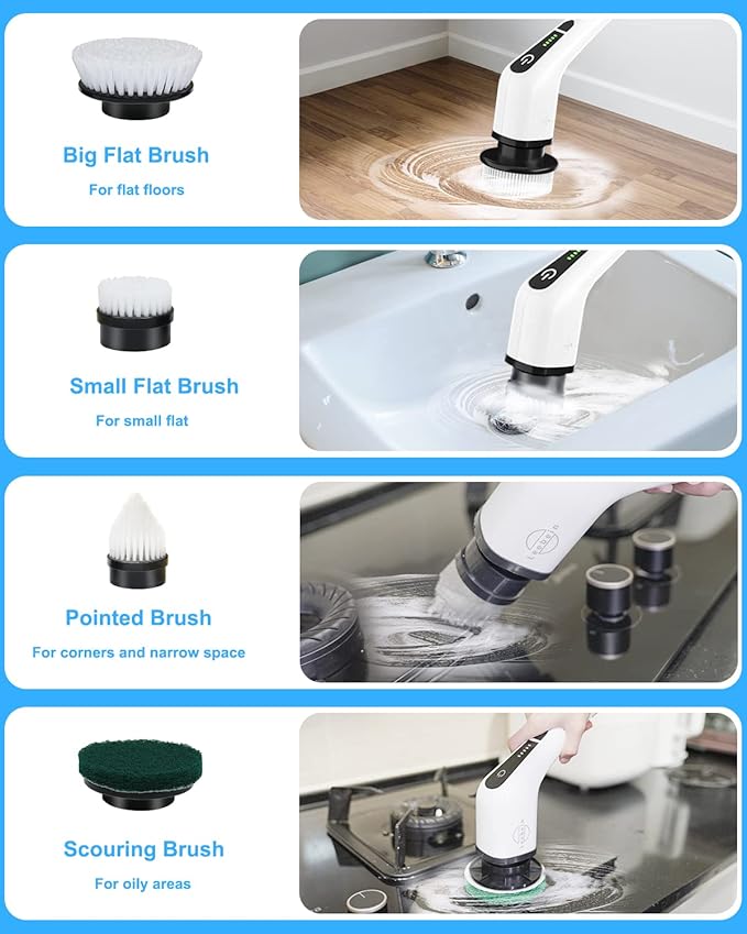 Leebein Electric Spin Scrubber, Cordless Cleaning Brush with 8 Replaceable Brush Heads, Tub and Floor Tile 360 Power Scrubber Dual Speed with Adjustable & Detachable Handle for Bathroom Kitchen Car - Image 5