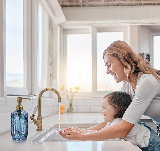 JASAI 18Oz Blue Glass Soap Dispenser with Golden Pump, Refillable Bathroom soap Dispenser with Thick Glass, Clear Kitchen Soap Dispenser for Dish Soap, Hand soap, Lotion.(Blue) - Image 6
