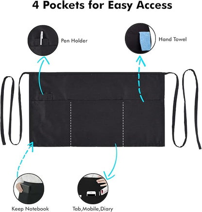 Dreamology Server Apron,Waist Apron with Pockets,Waitress Apron,Server Aprons with 3 Pockets,Waterdrop Resistant Aprons, Short, Half & Waist Apron, Aprons, Black waitress apron - Black (3 Pack)