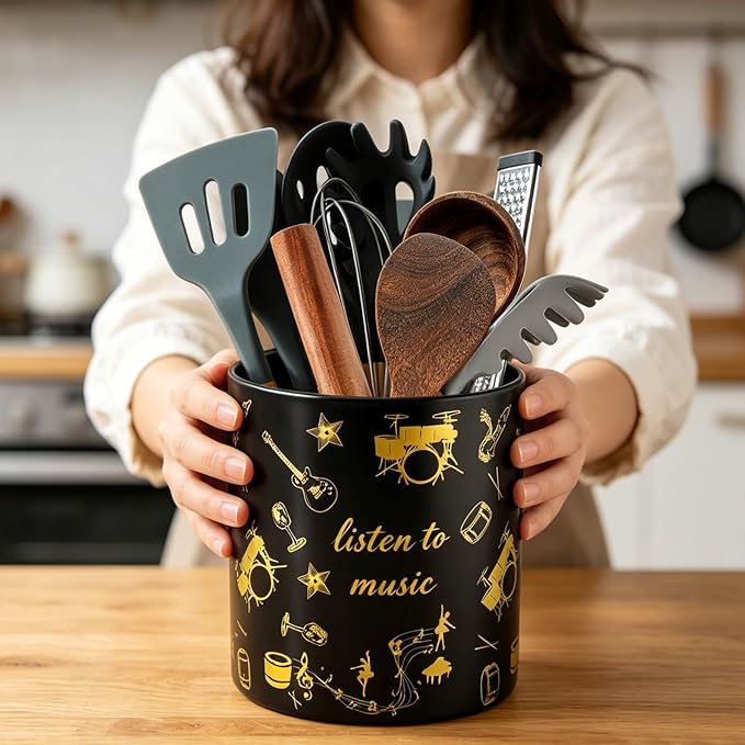 7" Music Utensil Holder, Large Kitchen Utensil Holder Organizer , Black Stable Utensil Crock Spatula Holder for Kitchen Counter Countertop Farmhouse Cooking Tools Holder（Black - Image 7