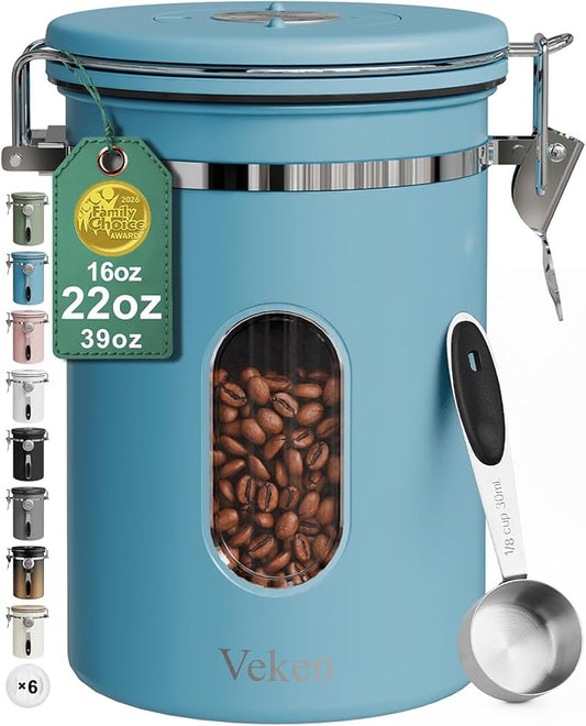 Veken Coffee Canister with Window, Airtight Stainless Steel Kitchen Food Storage Container with Lids, Date Tracker and Scoop for Grounds Coffee, Beans, Tea, Flour, Cereal, Sugar Jars, 22OZ, Blue by Veken