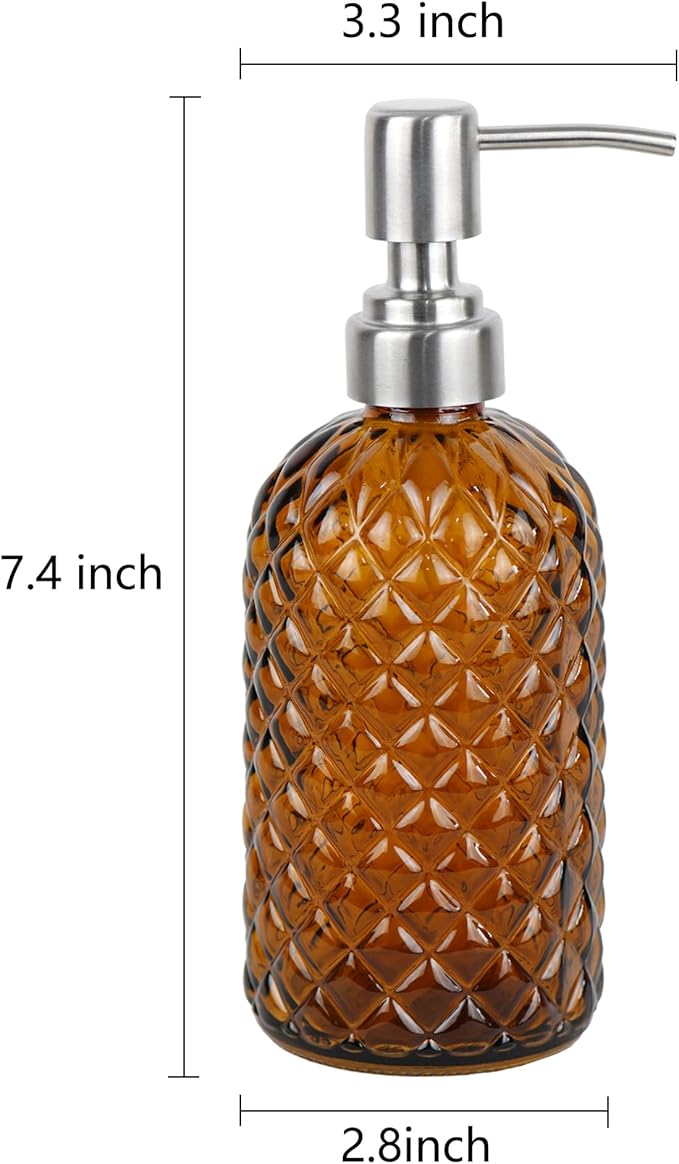 16 oz Diamond Pattern Glass Soap Dispenser, Kitchen and Bathroom Refillable Soap Dispenser with Rust Resistant Stainless Steel Pump for Hand Soap, Lotion Glass Liquid Dispenser(Amber-2pack) - Image 3