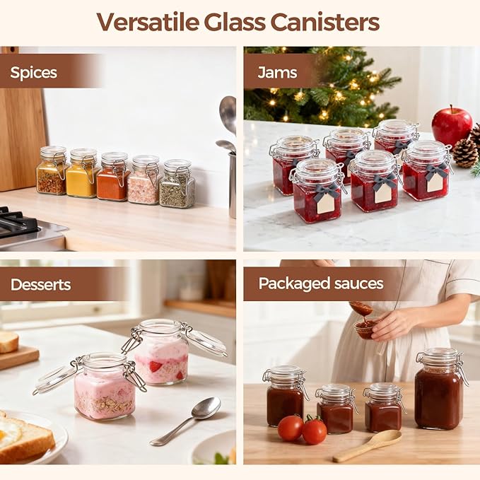 ComSaf Set of 6 Square Glass Spice Jars with Airtight Lids (4 Oz), Mini Favor Jars with Wire Clamp for Honey, Herbs & Farmhouse Kitchen Pantry Organization, with Funnel & Labels - Image 7