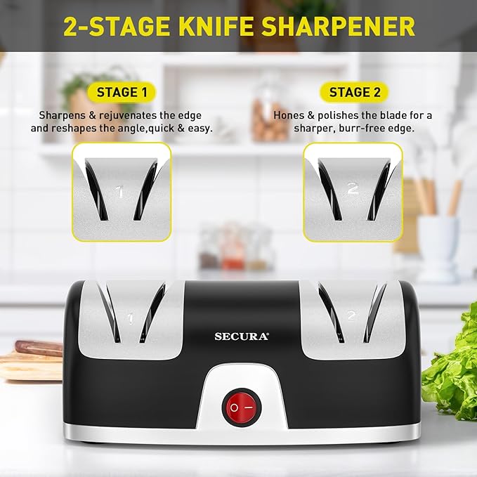 Secura 2-Stage Electric Knife Sharpener with Diamond Abrasives and Precision Angle Guides, Professional Sharpening Tool for Kitchen Straight Edge and Ceramic Knife, Black - Image 3