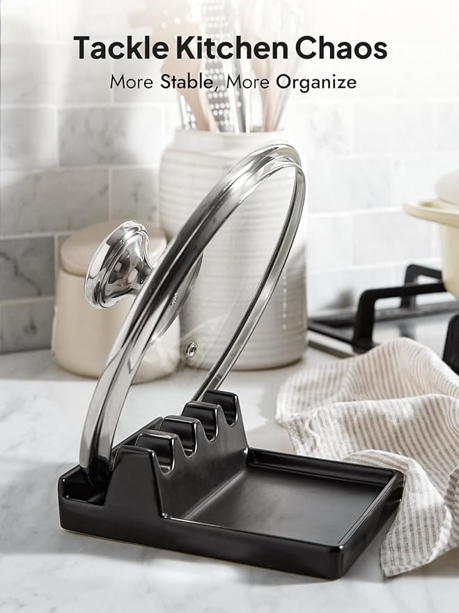 LE TAUCI Ceramic Spoon Rest for Stove Top, 5.3inch Pot Lid Holder for Kitchen Counter, Modern Utensil Rest with Drip Pad for Spoons, Ladles, Spatulas, Heat Resistant & Dishwasher Safe, Black