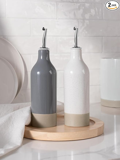 famiware Milkyway 16oz Ceramic Olive Oil Dispenser Bottle, Olive Oil and Vinegar Dispenser Bottle Set of 2 with Stainless Steel Pourers, Suitable for Storage Vinegar, Liquids, White and Dark Gray