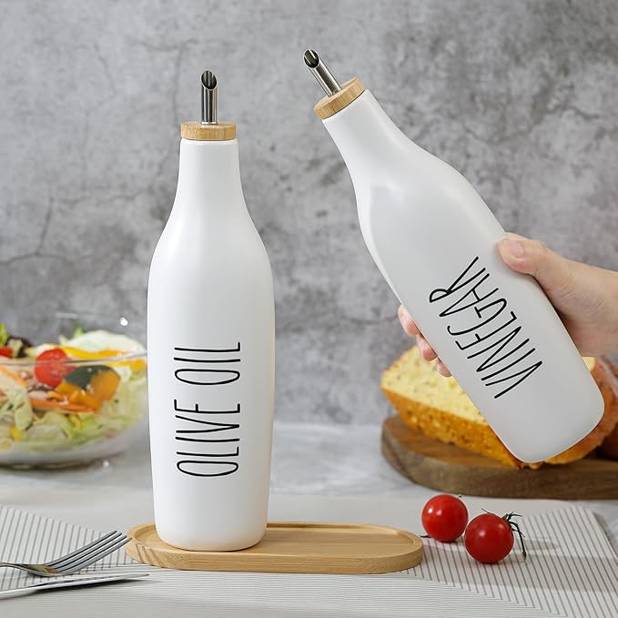 HOMCDALY Ceramic Olive Oil Dispenser for Kitchen, Stoneware 16oz Oil and Vinegar Bottles Dispenser, Kitchen Dispenser Bottle for EVOO Vinegar Syrups, Modern Farmhouse Design(W-V) - Image 6