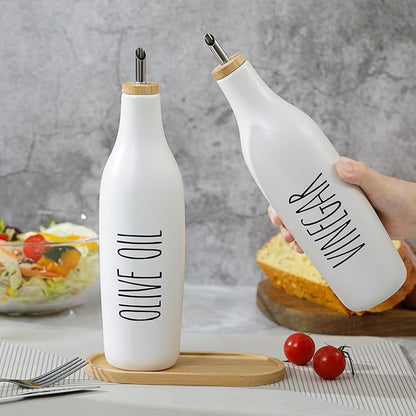 HOMCDALY Ceramic Olive Oil Dispenser for Kitchen, Stoneware 16oz Oil and Vinegar Bottles Dispenser, Kitchen Dispenser Bottle for EVOO Vinegar Syrups, Modern Farmhouse Design(W-V) - Image 6