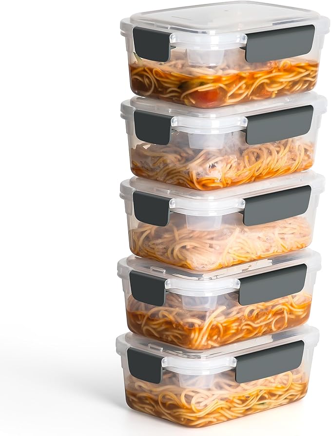 YORY 5 cup Plastic Food Storage Containers with Lids Nestable Freezer Dishwasher Safe Rectangle Meal Prep Container Set,5-Pack by YORY
