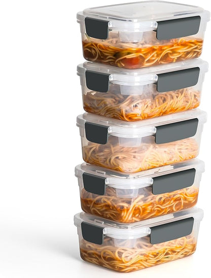 YORY 5 cup Plastic Food Storage Containers with Lids Nestable Freezer Dishwasher Safe Rectangle Meal Prep Container Set,5-Pack by YORY