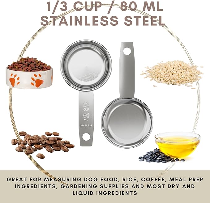 1/3 Cup Stainless Steel Measuring Cup | Sturdy Metal 80 ml | 80 cc | 3 oz | Single Cup for Wet and Dry Ingredients | Great for use as 1/3 Cup Dog Food Scoop - 12 PK - Image 2