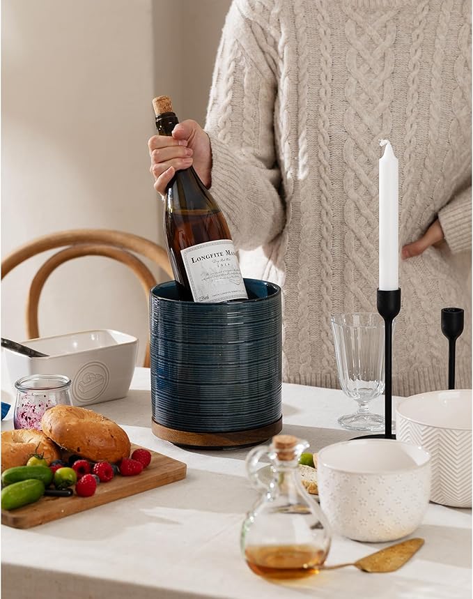 Utensil Holder, 360° Rotating Extra Large Ceramic Kitchen Utensil Holder for Countertop, 7.3“ Cooking Utensil Crocks for Kitchen Counter with Rotatable Wooden Base, Farmhouse Decor, Dusty Blue - Image 3