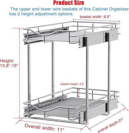 DINDON 2 Tier Pull Out Cabinet Organizer (11"W X 21"D), Double Tier Wire Basket Slide Out Shelf Storage for Kitchen Base Cabinet Organization ​for Kitchen, Pantry, Bathroom, Chrome - Image 2