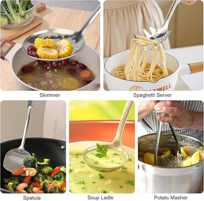 10 Piece Stainless Steel Cooking Utensils Set - 18/0 Heavy Duty Kitchen Tools for Grilling & Serving (Grey) - Image 3