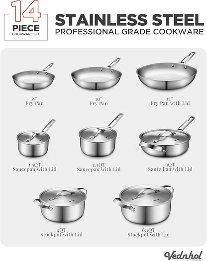 Stainless Steel Cookware Set, 14 Pcs Tir-Ply Pots and Pans Set, PFOA&PTFE Free, Dishwasher&Oven Safe, Kitchen Induction Compatible, ollas de acero inoxidable para cocinar - Image 3