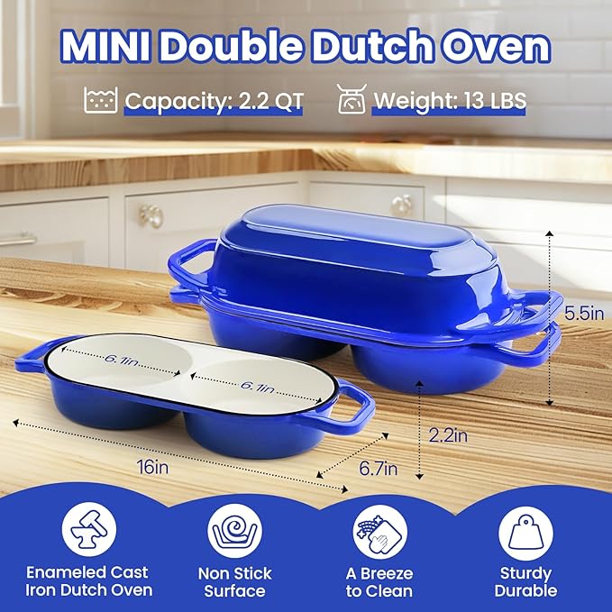 YONILL Mini Double Dutch Oven for Sourdough Bread Baking - Enameled Cast Iron Dutch Oven Pot with Lid and 5" Banneton Bread Proofing Basket Kit, Dual Round Bread Loaf Pan for Homemade Baking (Dark Blue) - Image 3