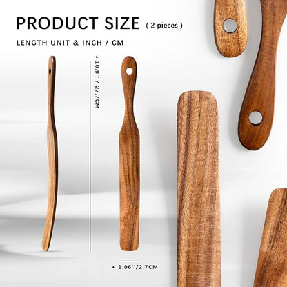 Wooden Spatula for Cooking Set of 2 – 11 Inch Teak Wood Spatula with Thin Edge for Flipping – Flat Wooden Spatulas for Nonstick Pans – Sturdy Wood Cooking Utensils for Daily Use