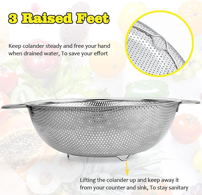 P&P CHEF Stainless Steel Colander, Micro-Perforated Food Strainer with Handle for Washing Draining, Great for Pasta Fruits Vegetables, Dishwasher Safe & Healthy, 1 +3 Qt, 2Pcs - Image 4