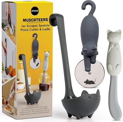 OTOTO Muscateers Bundle of Mary Cat, Katie, Kitty - Jar Scraper Spatula, Soup Ladle, Pizza Cutter - Cute Kitchen Accessories, Spooky Gothic Cat Gifts for Women, Kitchen Gifts, Halloween Gifts by OTOTO