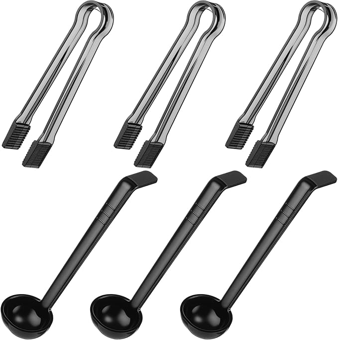 6 Pieces Plastic Serving Utensils Set Including 3 Pcs 1 oz Small Ladle and 3 Pcs Tong Acrylic Long Handle Ladle for Serving Sauce, Soup, Dressing, Punch Bowl, Gravy for Party Banquets Catering(Black) by Domensi