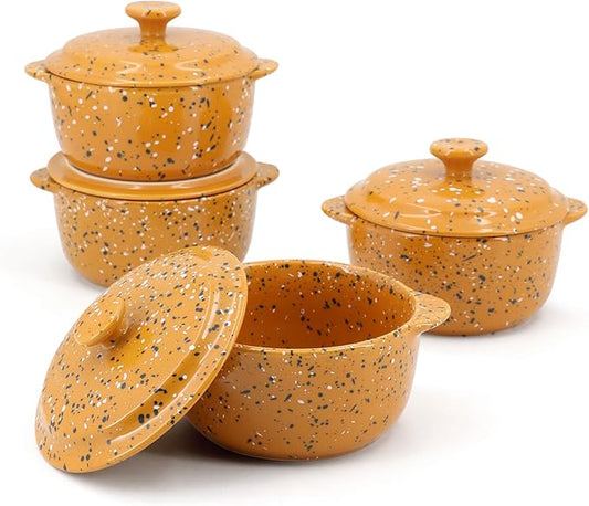 Stoneware Baking Ramekins Set of 4-10 Oz Mini Cocotte with Handles & Lids - Perfect for Oven Baking Souffle, Soup, Cobbler, Individual Serving Casserole Dishes, Orange