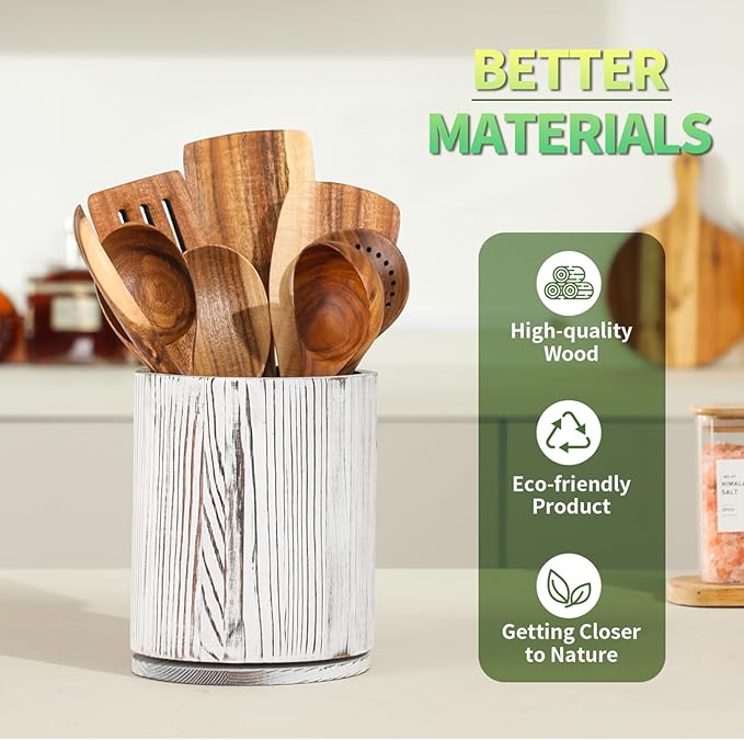 Wooden Utensil Holder, 360°Rotating 7.3'' Large Utensil Holder for Kitchen Counter, Kitchen Utensil Organizer, Utensil Crock, Farmhouse Kitchens Countertop Decor, Distressed White - Image 5