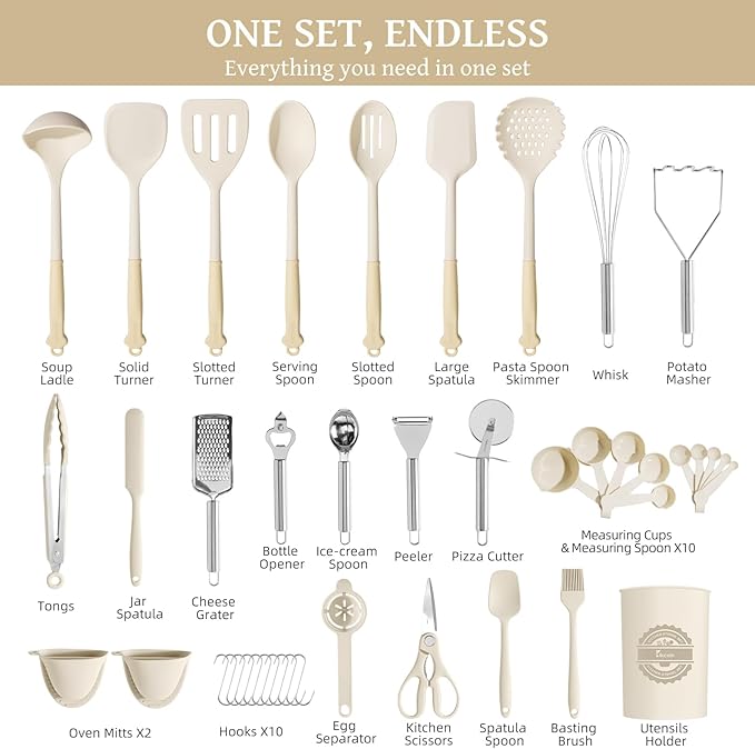 Kikcoin 43Pcs Large Kitchen Utensils Set - Silicone Cooking Utensils Set, Dishwasher Safe Spatula Set for Non-stick Cookware, 446°F Heat Resistant Kitchen Utensils Set with Holder BPA Free, Cream - Image 2