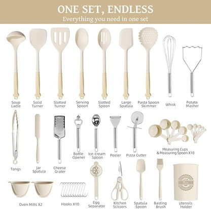 Kikcoin 43Pcs Large Kitchen Utensils Set - Silicone Cooking Utensils Set, Dishwasher Safe Spatula Set for Non-stick Cookware, 446°F Heat Resistant Kitchen Utensils Set with Holder BPA Free, Cream - Image 2