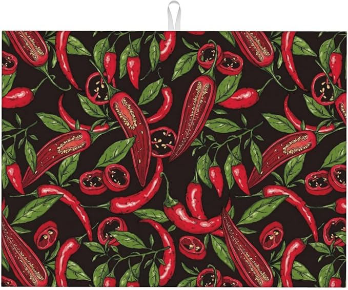 Red Chili Peppers Dish Drying Mat Vegetable Pepper Black Rustic Green Leaf Drying Rack Pad Countertop Dishes Ultra Absorbent Microfiber Kitchen Counter Mat 18x24 Inch