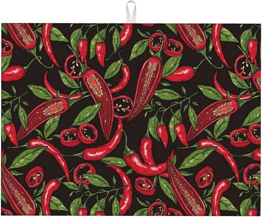 Red Chili Peppers Dish Drying Mat Vegetable Pepper Black Rustic Green Leaf Drying Rack Pad Countertop Dishes Ultra Absorbent Microfiber Kitchen Counter Mat 18x24 Inch