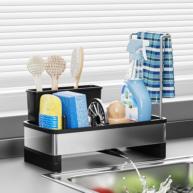 Ewaiira Stainless Steel Sink Caddy, Sponge Holder for Kitchen Sink with Brush Holder and Towel Rack, Sink Organizer for Countertop, Soap Dispenser Kitchen Organizers Storage Essentials, Black 9.8″ by EwaiiraHomeStorageOrganizer