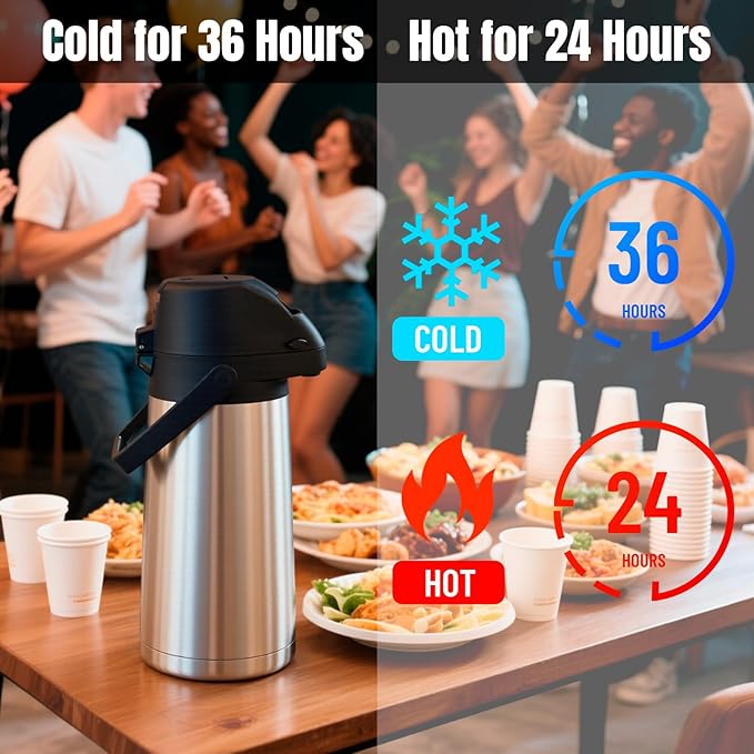 PARACITY Upgraded Airpot Coffee Carafe with Double Pump, Stainless Steel Drink Dispenser for Hot/Cold Beverage with Lazy Susan Base for Hot Cocoa for Parties (Stainless steel color, 64.2 Ounces)