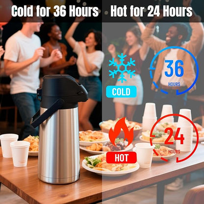 PARACITY Upgraded Airpot Coffee Carafe with Double Pump, Stainless Steel Drink Dispenser for Hot/Cold Beverage with Lazy Susan Base for Hot Cocoa for Parties (Stainless steel color, 64.2 Ounces)