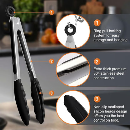 Premium Stainless Steel Heat Resistant Kitchen Tongs for cooking,set of 9" and 9" (Black),Non Scratch Silicone cooking Tong Tip for Cooking Pans,Strong Grip BBQ tongs for Grabbing Hot Food - Image 4