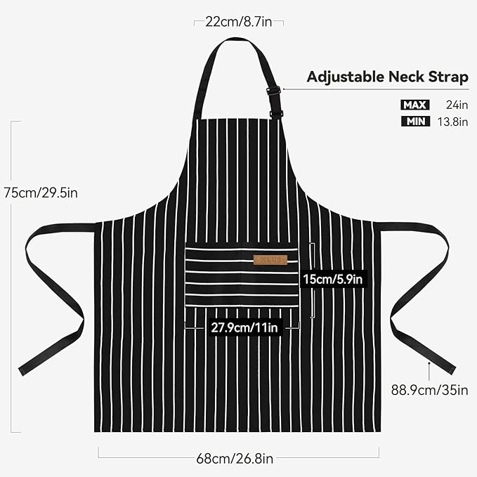 NLUS 2 Pack Cooking Aprons for Women with Pockets Adjustable Kitchen Bib Aprons for Women Men Chef, Black/White Stripe (Classic Black/White Stripes) - Image 3